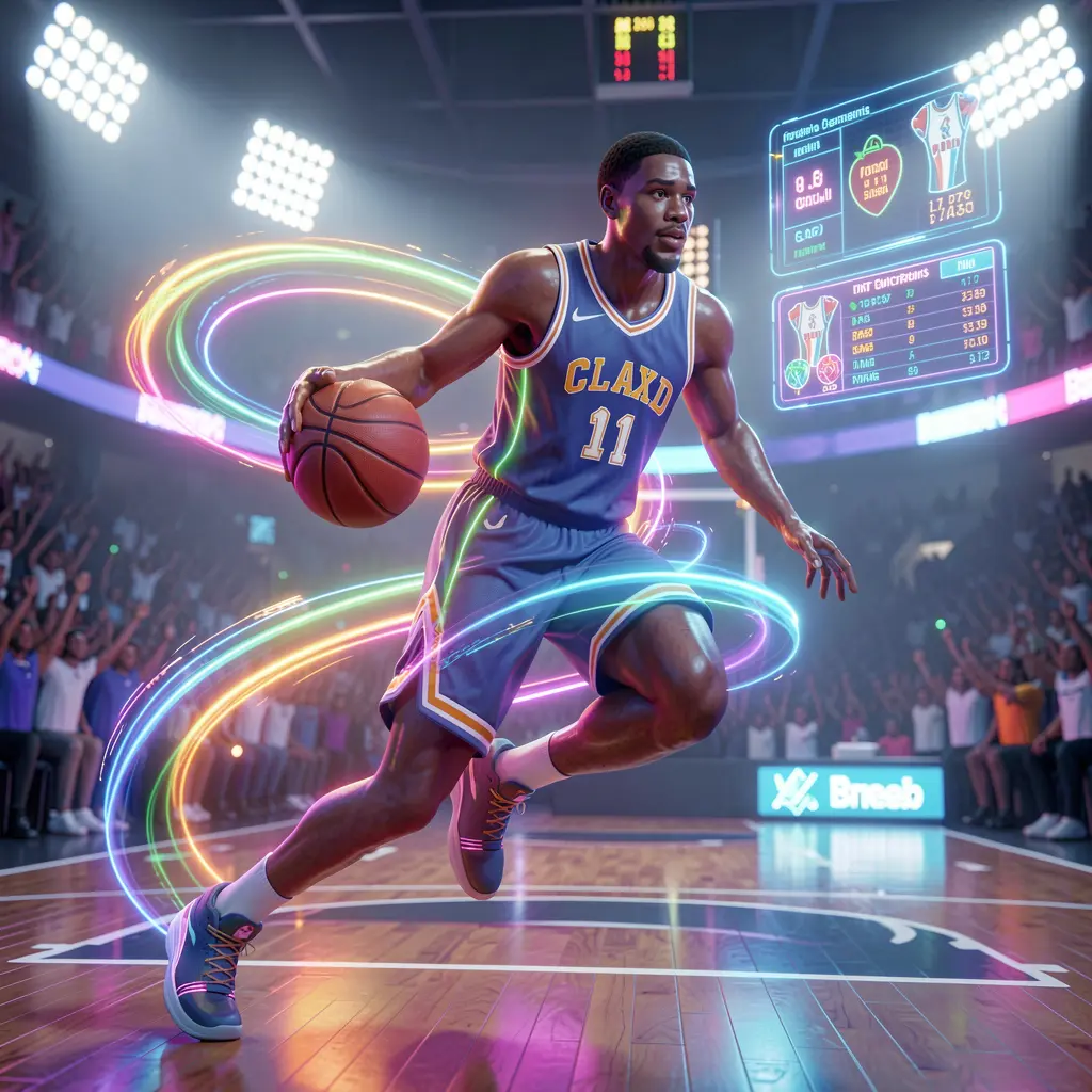 Futuristic basketball player surrounded by glowing digital rings and floating stats representing the advanced sports betting technology of ANGSAYA in the Philippines