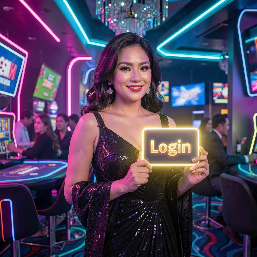 ANGSAYA Login – Secure and stylish access for online casino players in the Philippines Elegant Filipino woman holding a glowing login card in a futuristic casino environment at ANGSAYA highlighting secure access for players in the Philippines