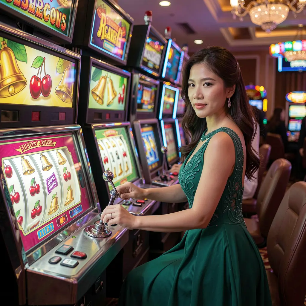 ANGSAYA – Experience the thrill of classic slot machines for Filipino players A glamorous Filipino woman in a sparkling evening gown pulling the lever of a classic slot machine with glowing reels and casino lights on the ANGSAYA online casino platform